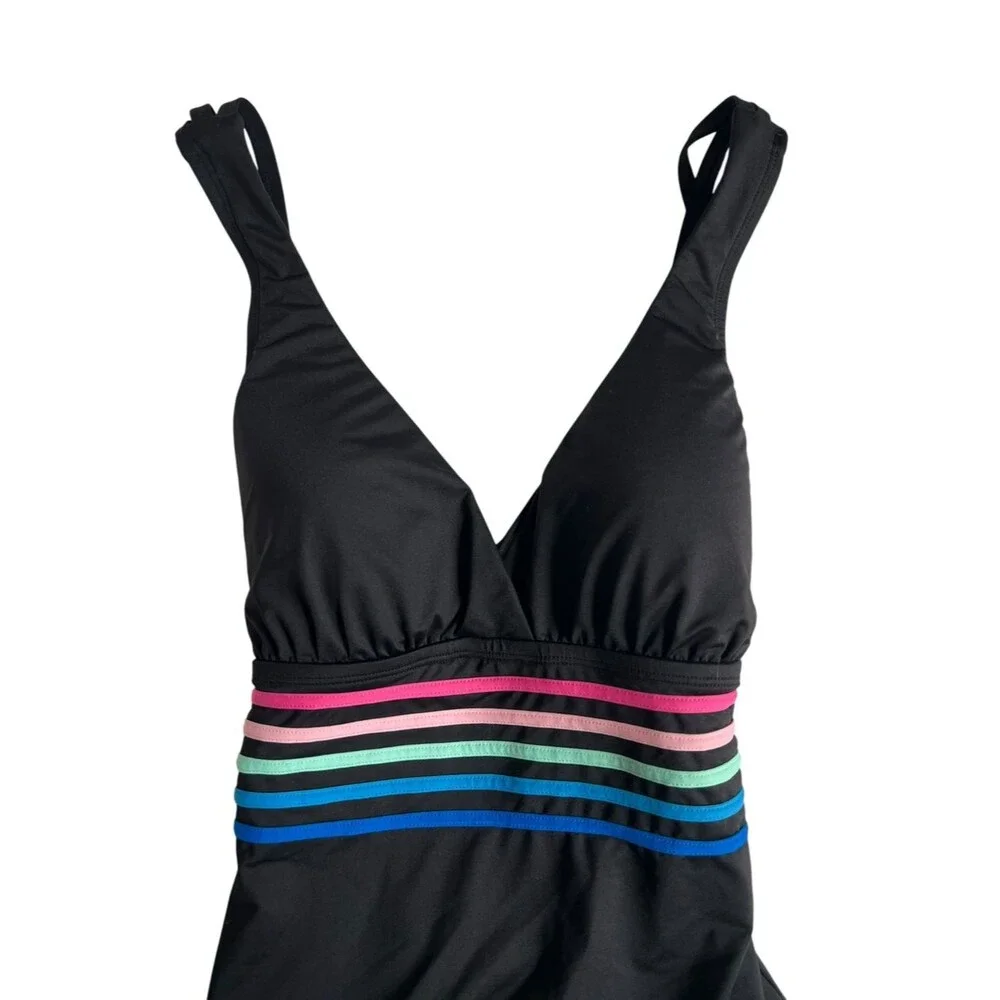 La Blanca Island Goddess Stripe One Piece Swimsuit Black Strappy Back 8